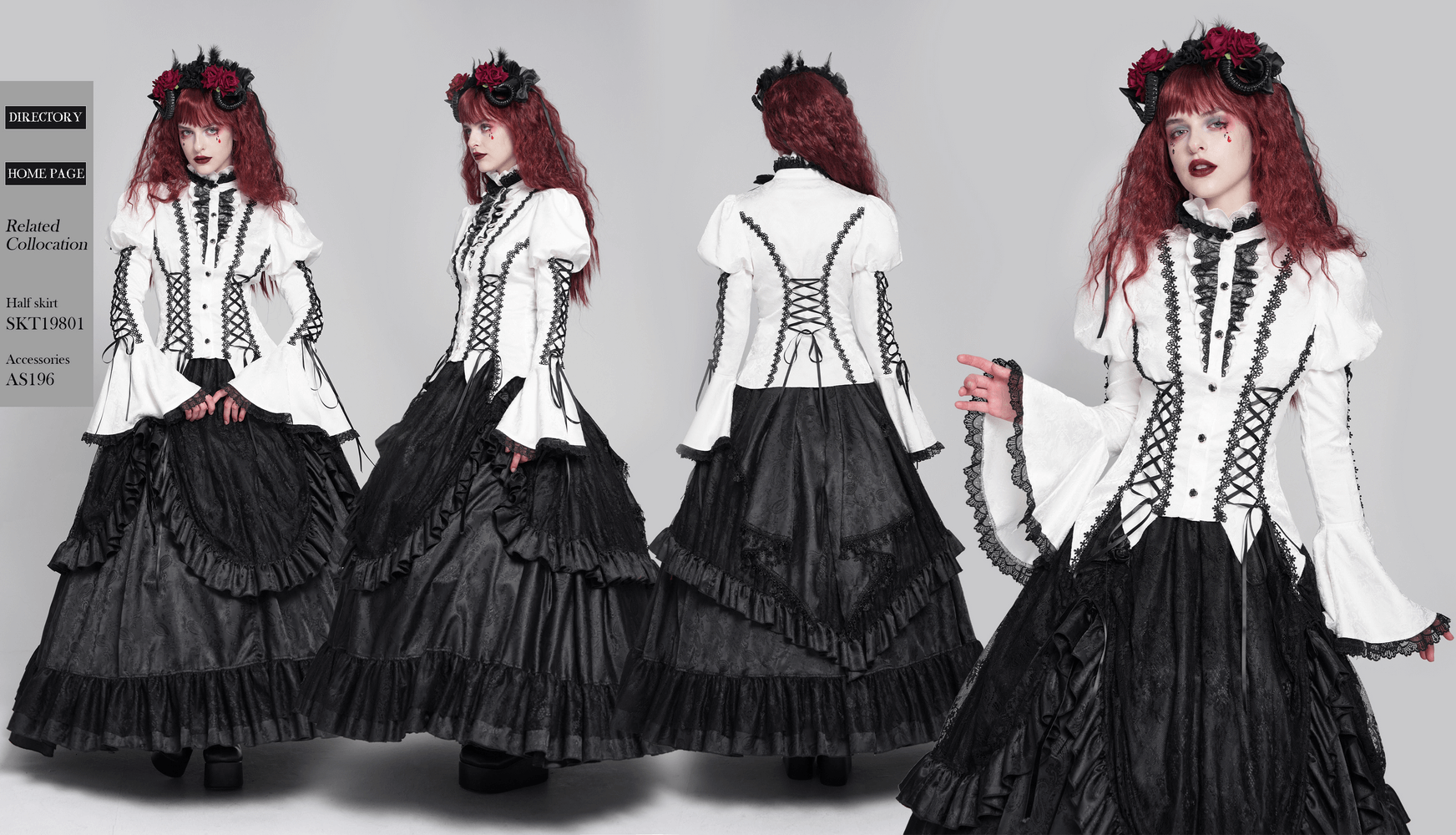 Elegant white Gothic lace Victorian blouse with corset ties, paired with a dramatic black skirt.