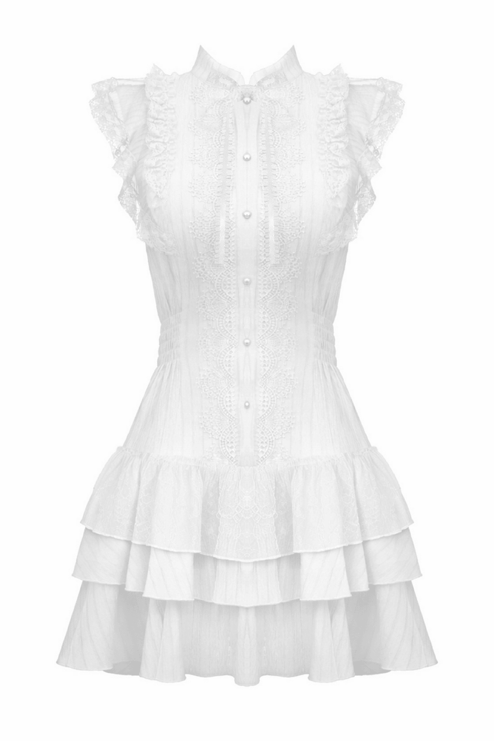 White Gothic Lolita Lace Dress with Ruffle Skirt showcasing elegant lace and ruffle details.