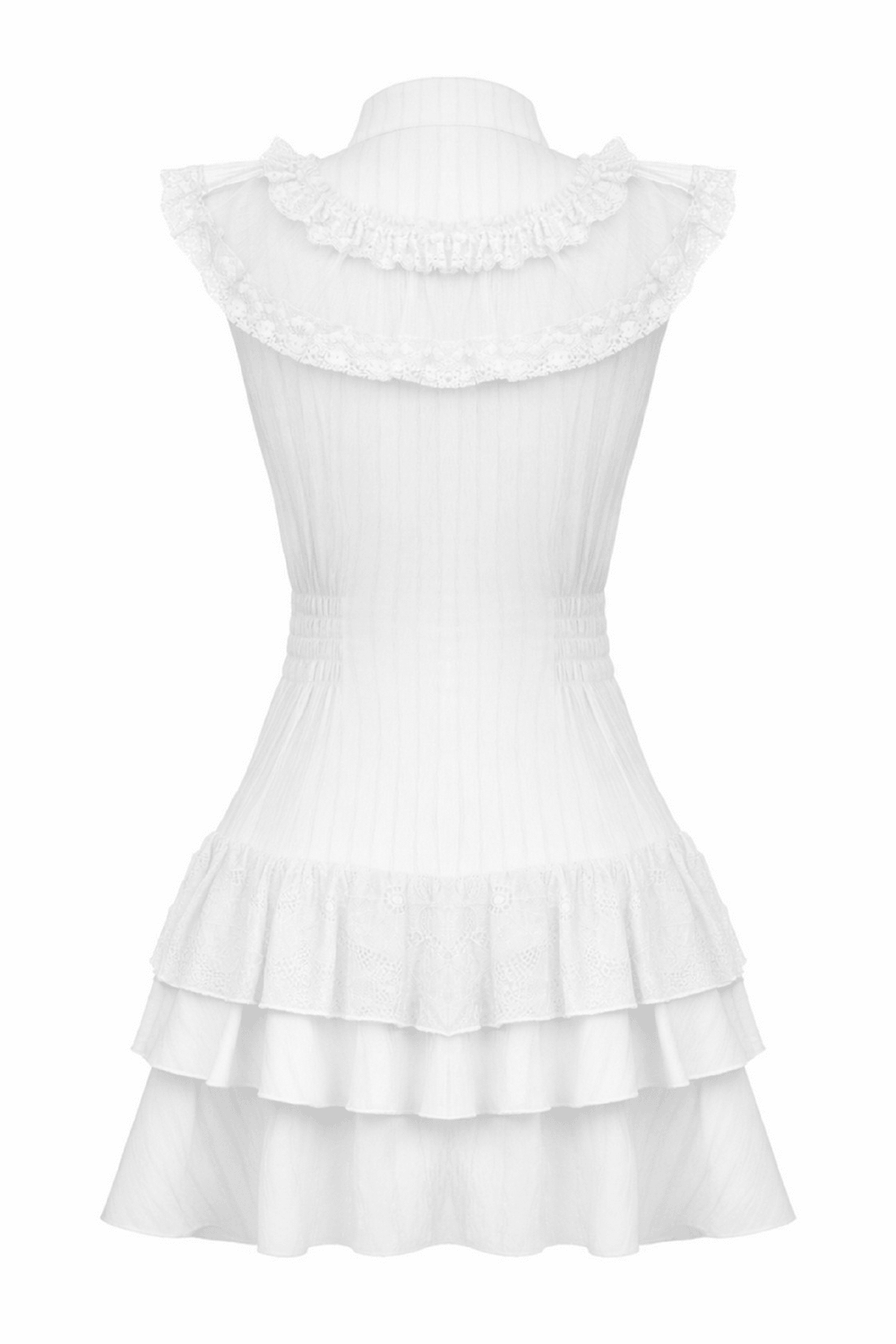 White Gothic Lolita Lace Dress with Ruffle Skirt showcasing its elegant layers and ruffled neckline in pristine white.