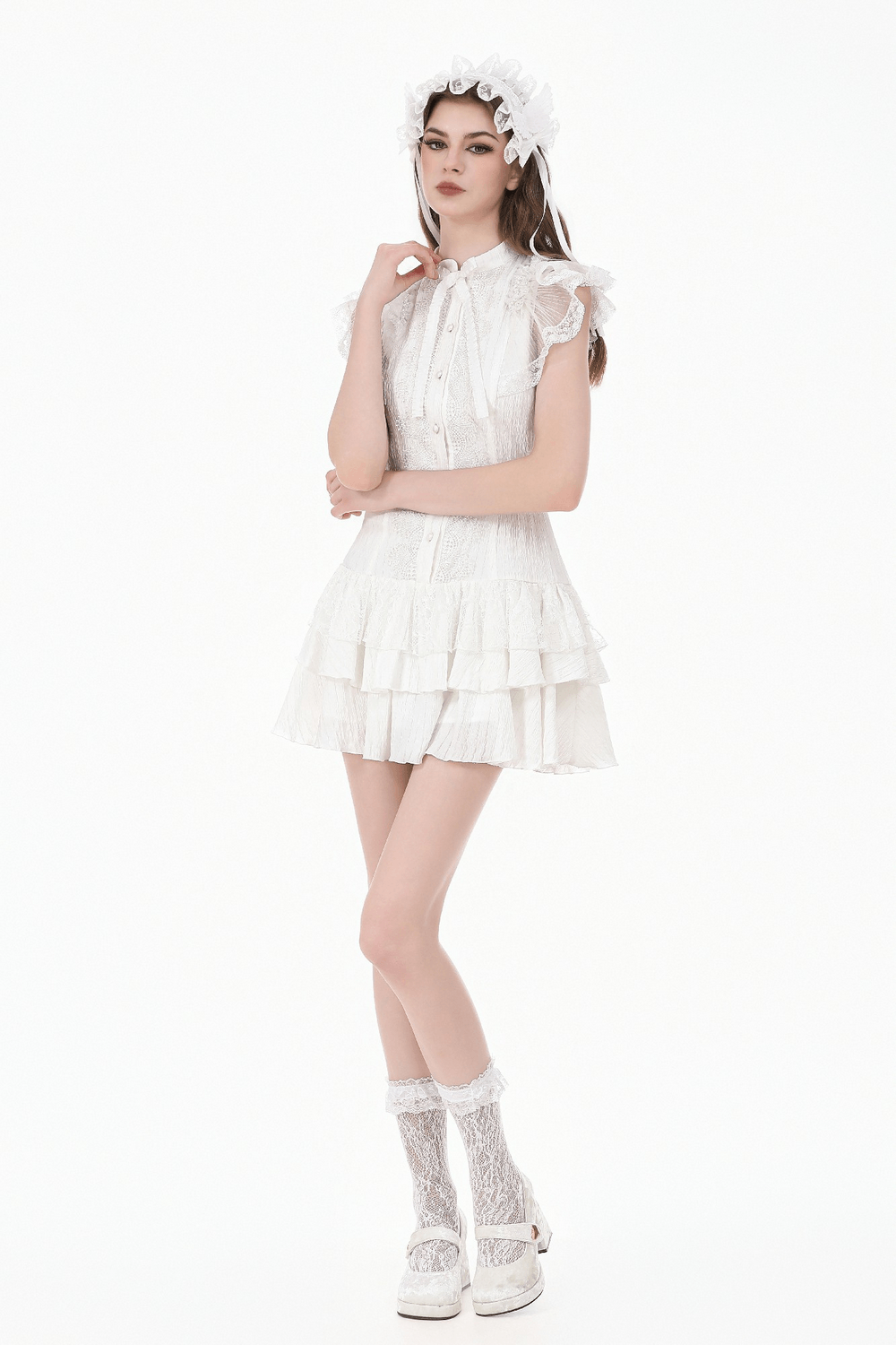 Model wearing a White Gothic Lolita Lace Dress with Ruffle Skirt, showcasing delicate lace and ruffled details.