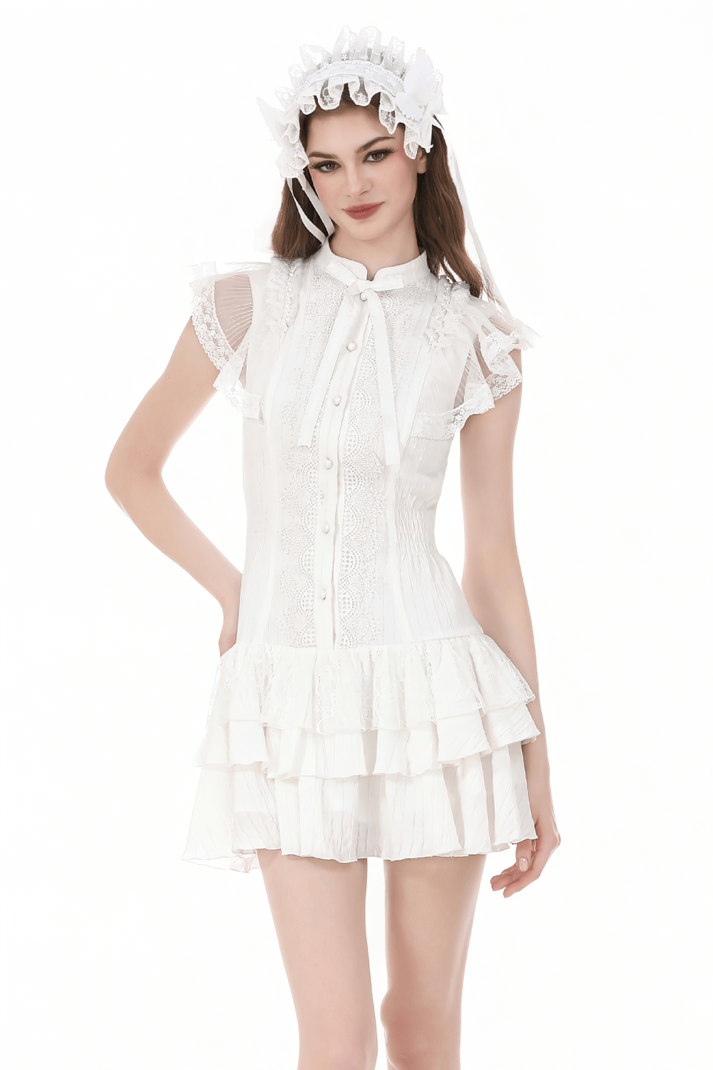 White Gothic Lolita Lace Dress with Ruffle Skirt on model, showcasing elegant lace and ruffles.