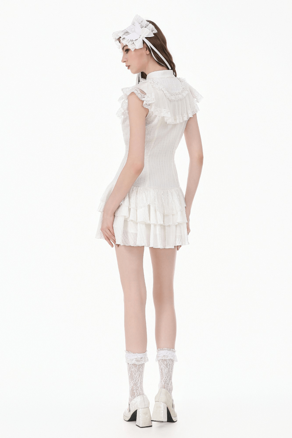 White Gothic Lolita Lace Dress with Ruffle Skirt showcasing the back view with frills and elegant details.