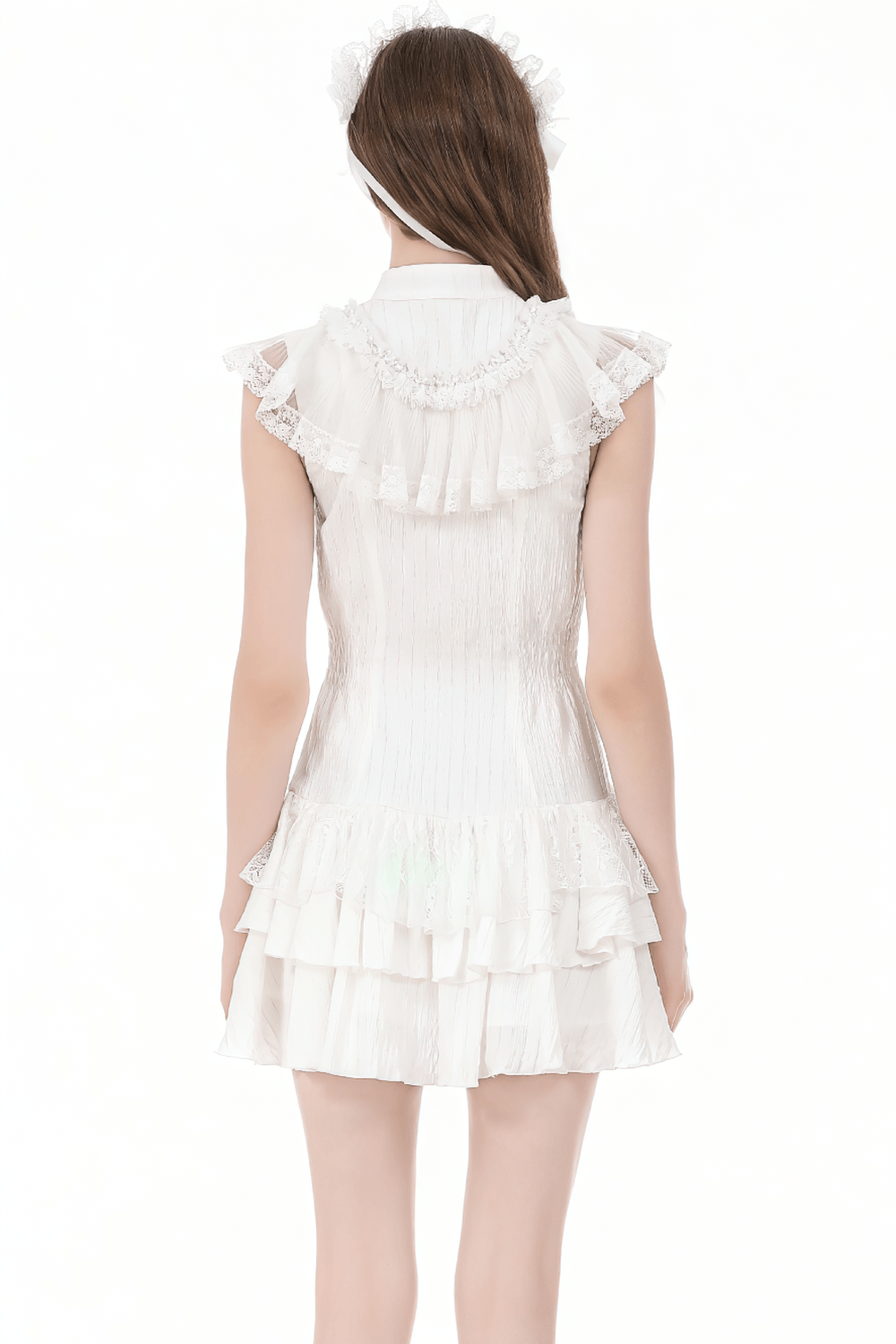 White Gothic Lolita Lace Dress with Ruffle Skirt - Back view showcasing ruffles and lace details.
