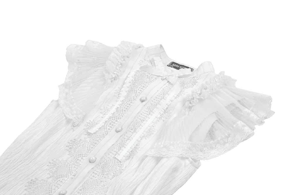 White Gothic Lolita Lace Dress with Ruffle Skirt showcasing lace details and ruffled sleeves.