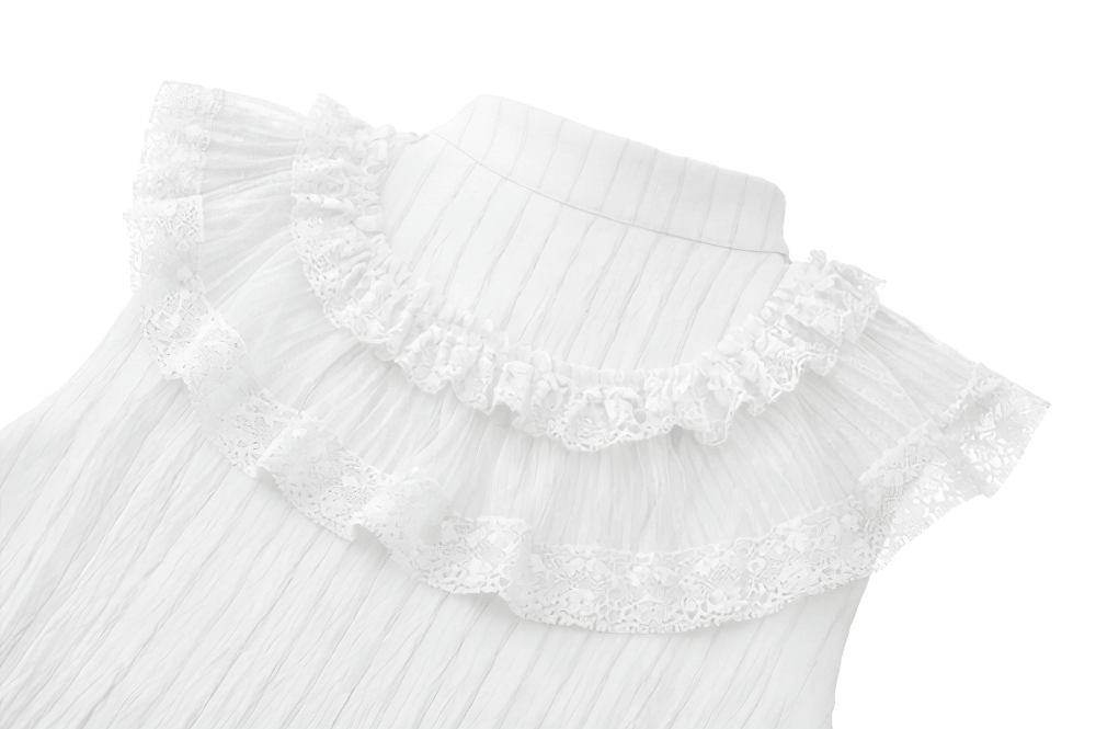 White Gothic Lolita Lace Dress with Ruffle Skirt featuring delicate lace collar and ruffled details.