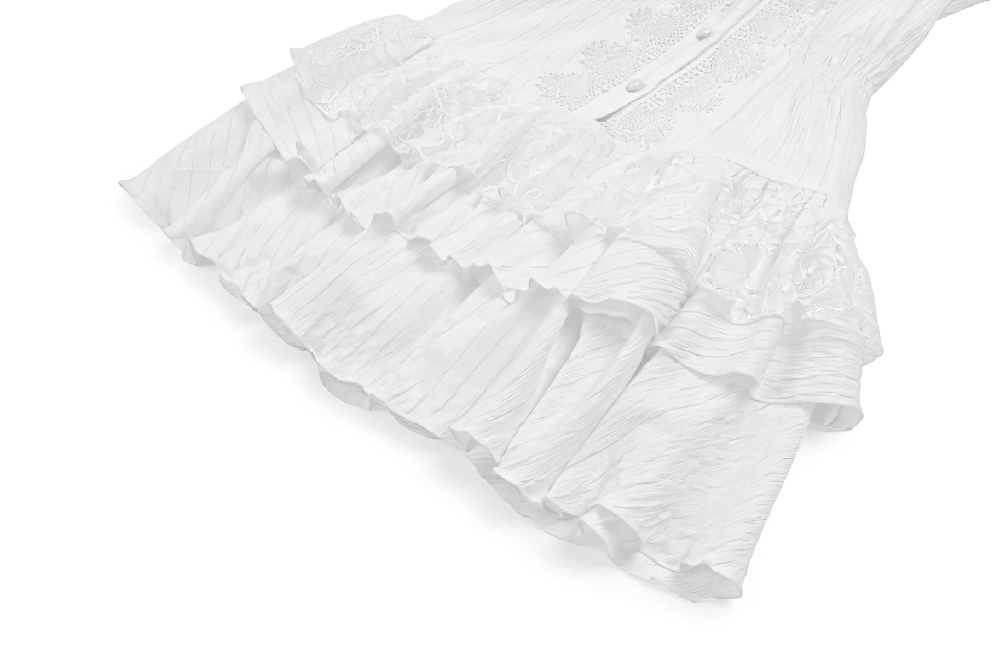 White Gothic Lolita Lace Dress with Ruffle Skirt featuring delicate lace and a playful ruffle hem.