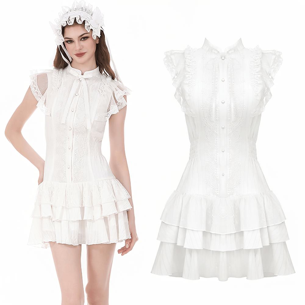 White Gothic Lolita Lace Dress with Ruffle Skirt featuring ruffled sleeves and tiered skirt design.