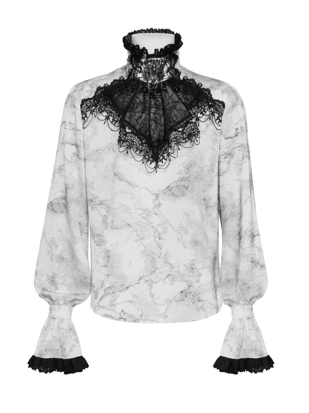 White Gothic Marble Shirt with Lace Ruffle Bib featuring a black lace bib and dramatic flared cuffs.
