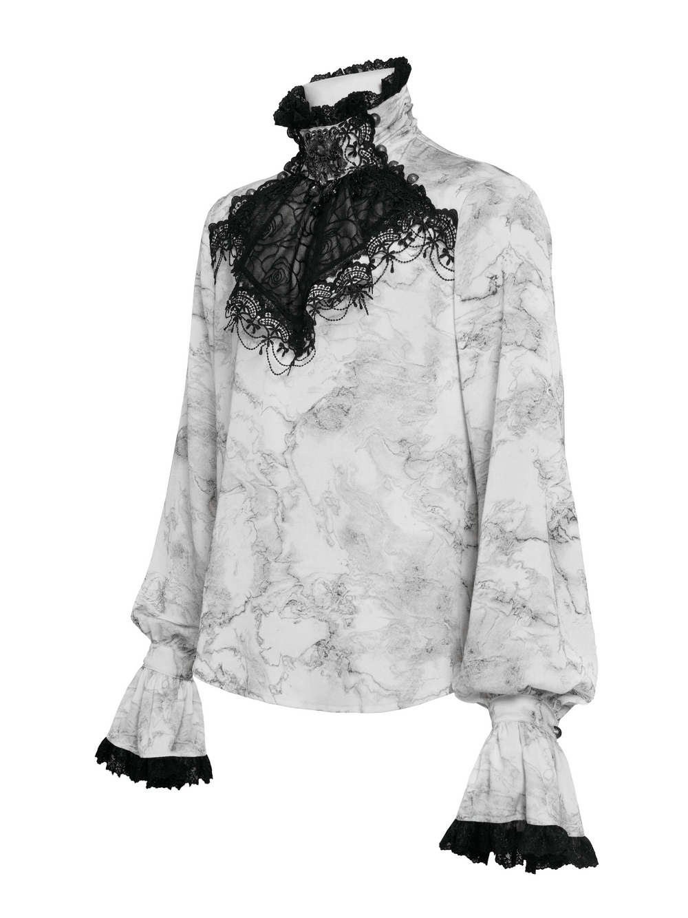 White Gothic Marble Shirt with Lace Ruffle Bib showcasing a black lace bib and dramatic flared cuffs.