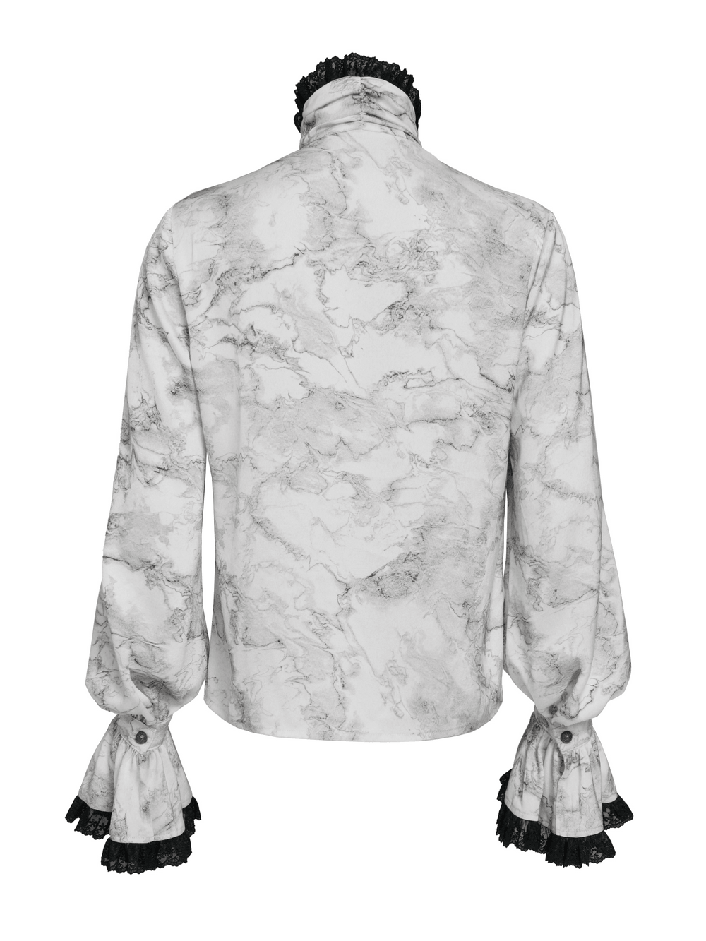 Back view of a White Gothic Marble Shirt with Lace Ruffle Bib featuring dramatic flared cuffs and high neck.