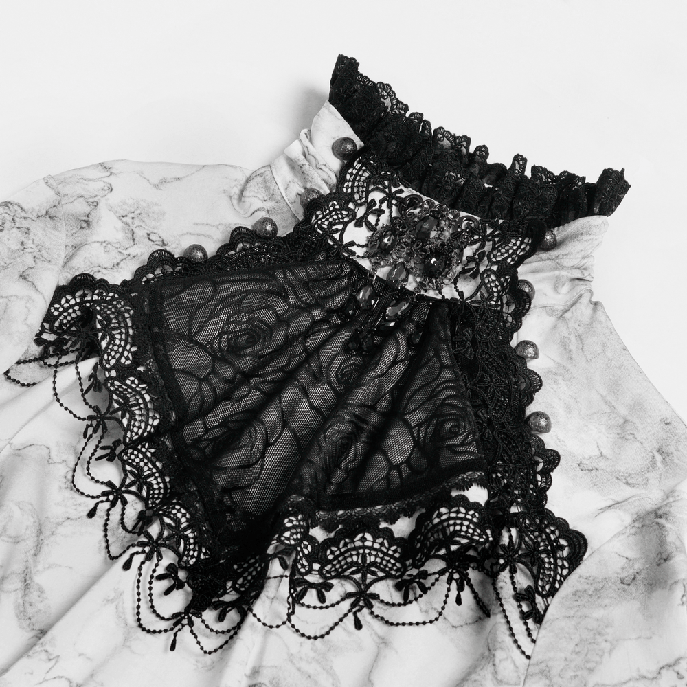 White Gothic Marble Shirt with Lace Ruffle Bib featuring a black lace bib and Victorian ruffle details.