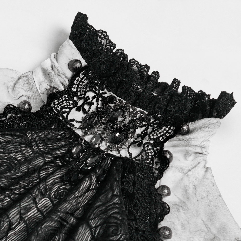 White Gothic Marble Shirt with Lace Ruffle Bib featuring intricate lace detailing and ornate trim.