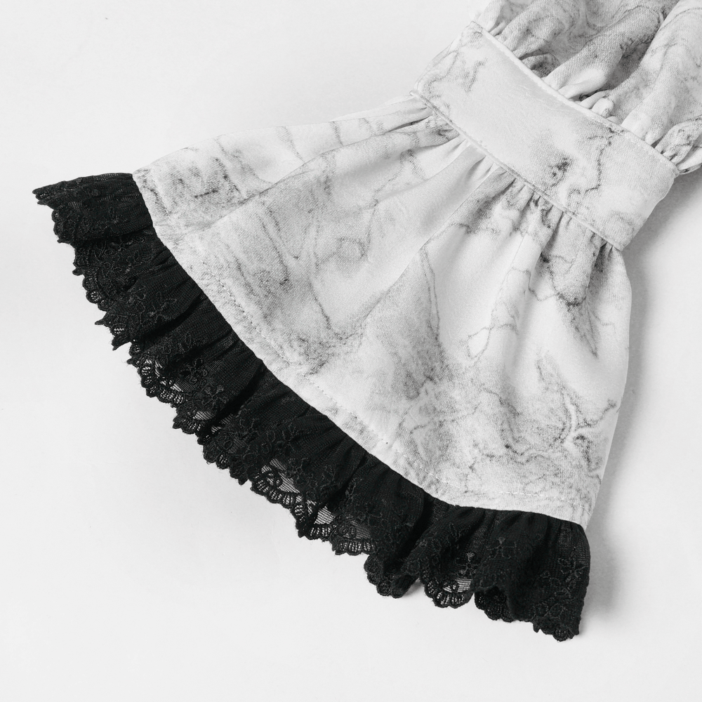 White Gothic Marble Shirt with Lace Ruffle Bib showcasing a marble print and elegant black lace ruffle detailing.
