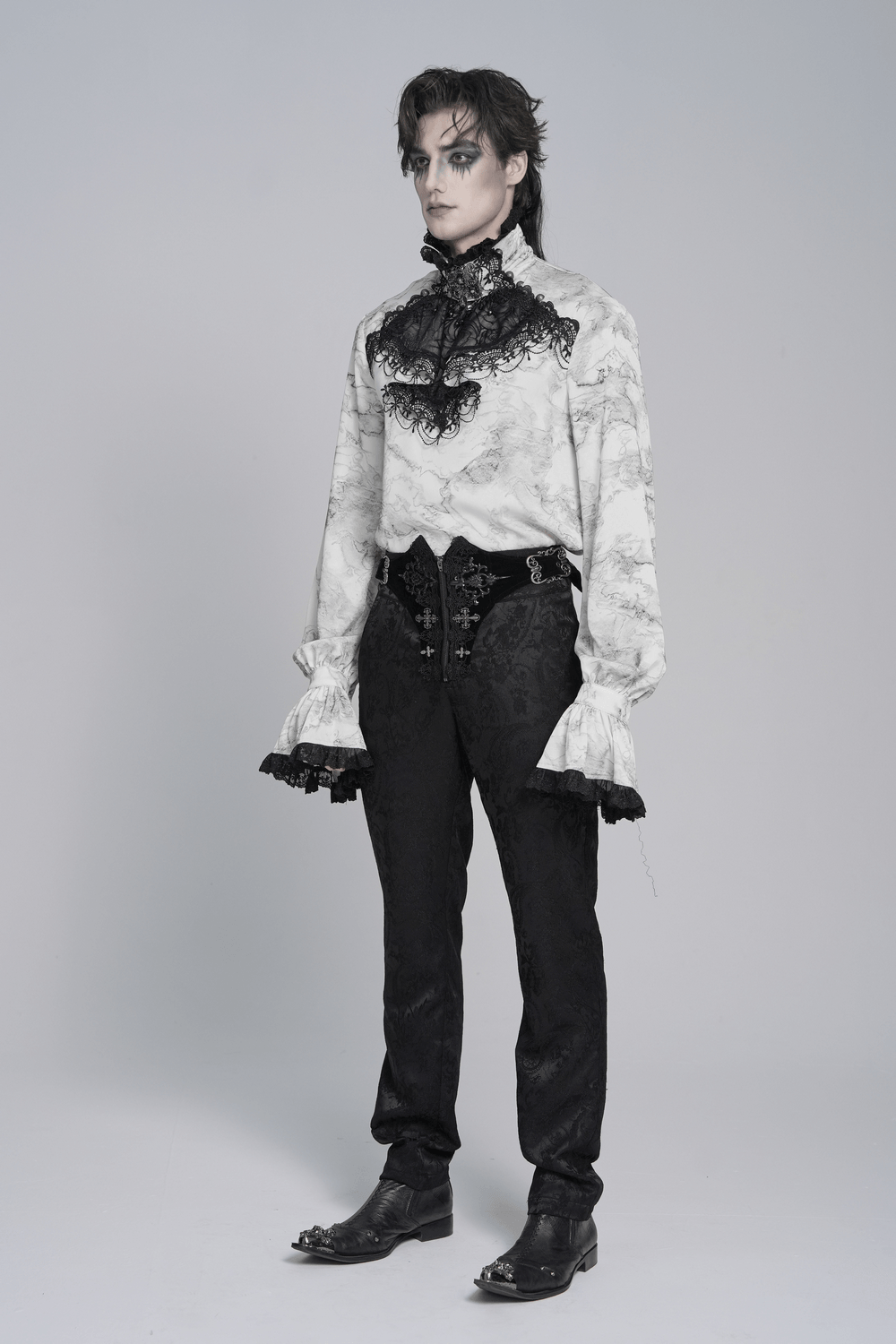 White Gothic Marble Shirt with Lace Ruffle Bib in a Victorian-inspired gothic outfit with flared cuffs and ornate detail.