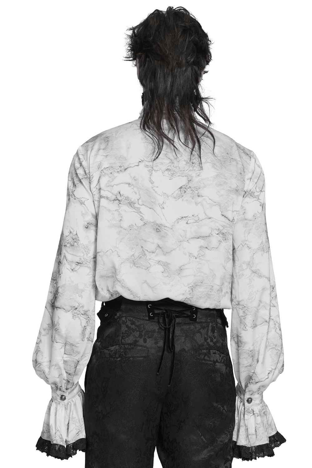 Back view of the White Gothic Marble Shirt with Lace Ruffle Bib showcasing the marble print and flared cuffs.