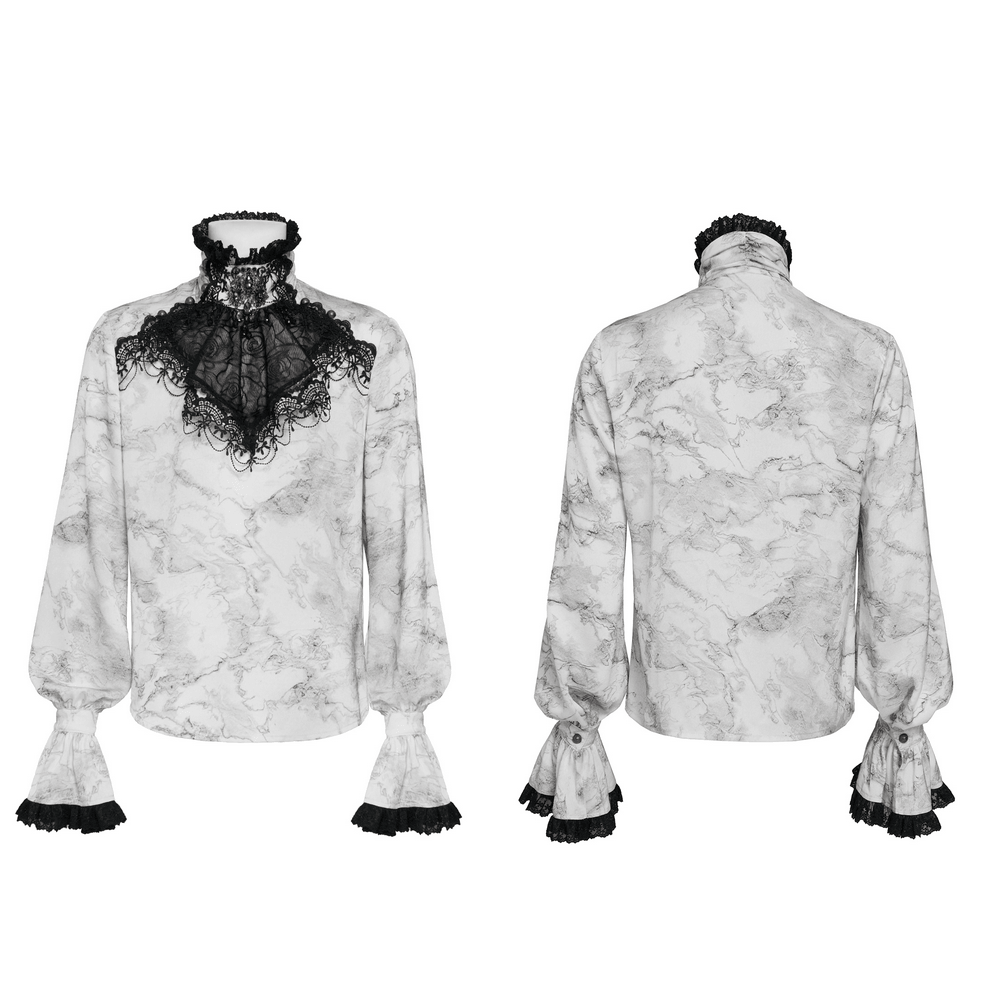 White Gothic Marble Shirt with Lace Ruffle Bib, featuring a dramatic high neck and lace ruffle trim.