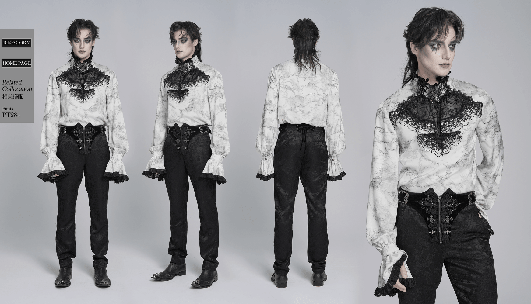 White Gothic Marble Shirt with Lace Ruffle Bib worn with black trousers, showcasing dramatic flared cuffs and ornate lace detailing.