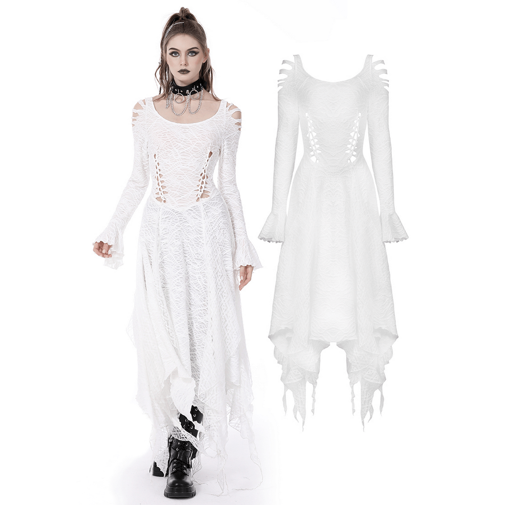 White gothic maxi dress with trumpet sleeves and cutout detailing, showcasing a dramatic asymmetrical design.