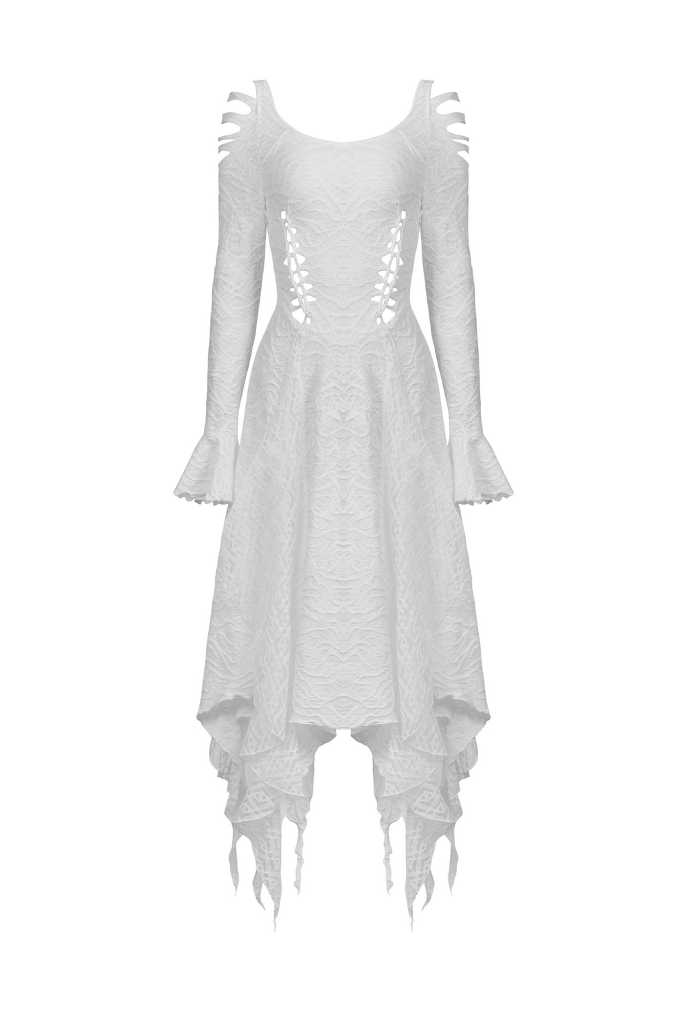 White Gothic maxi dress with trumpet sleeves and cutouts, featuring an asymmetrical skirt for a hauntingly stylish look.