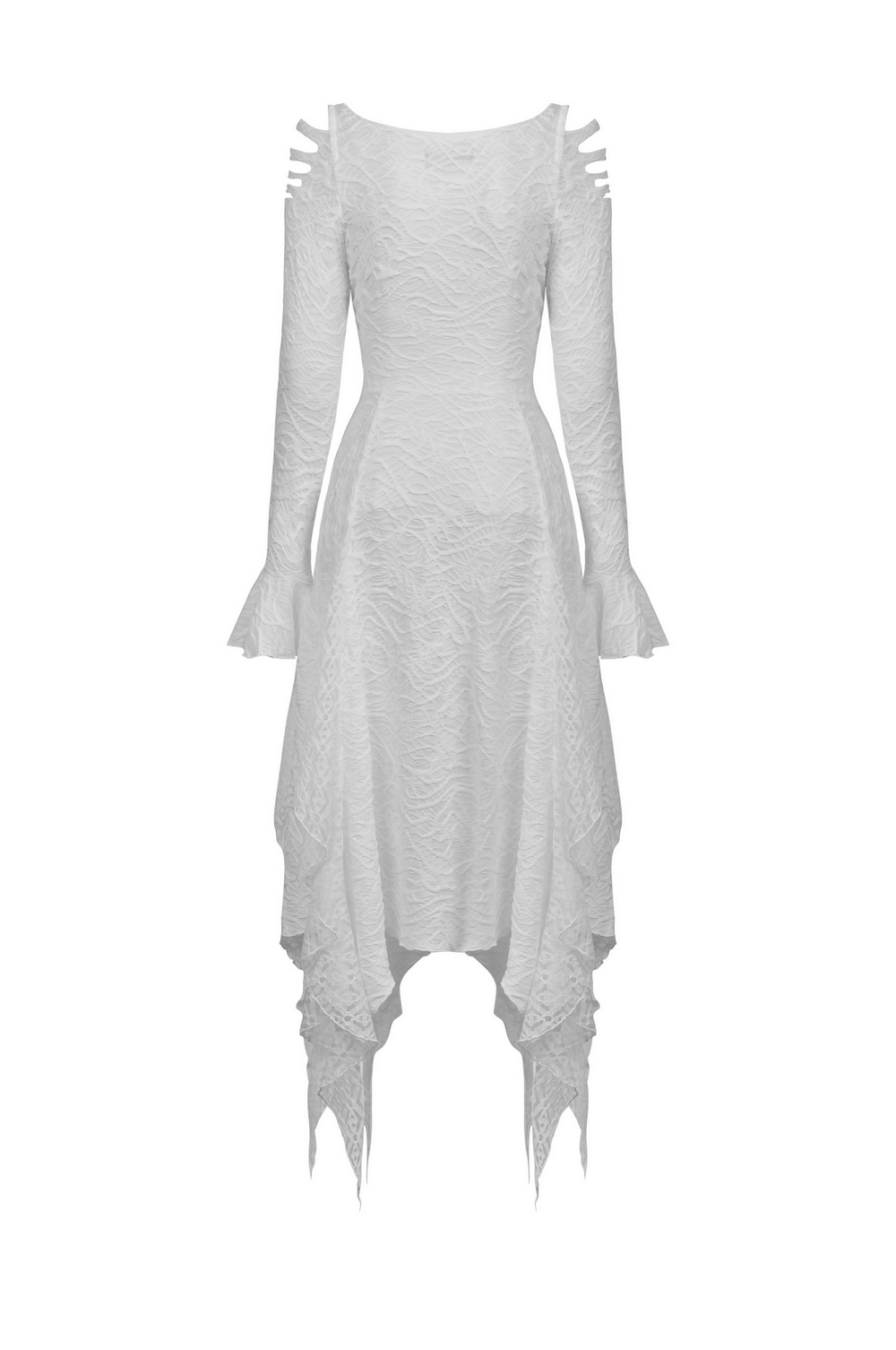 White Gothic maxi dress with trumpet sleeves and daring cutouts, perfect for showcasing unique style.