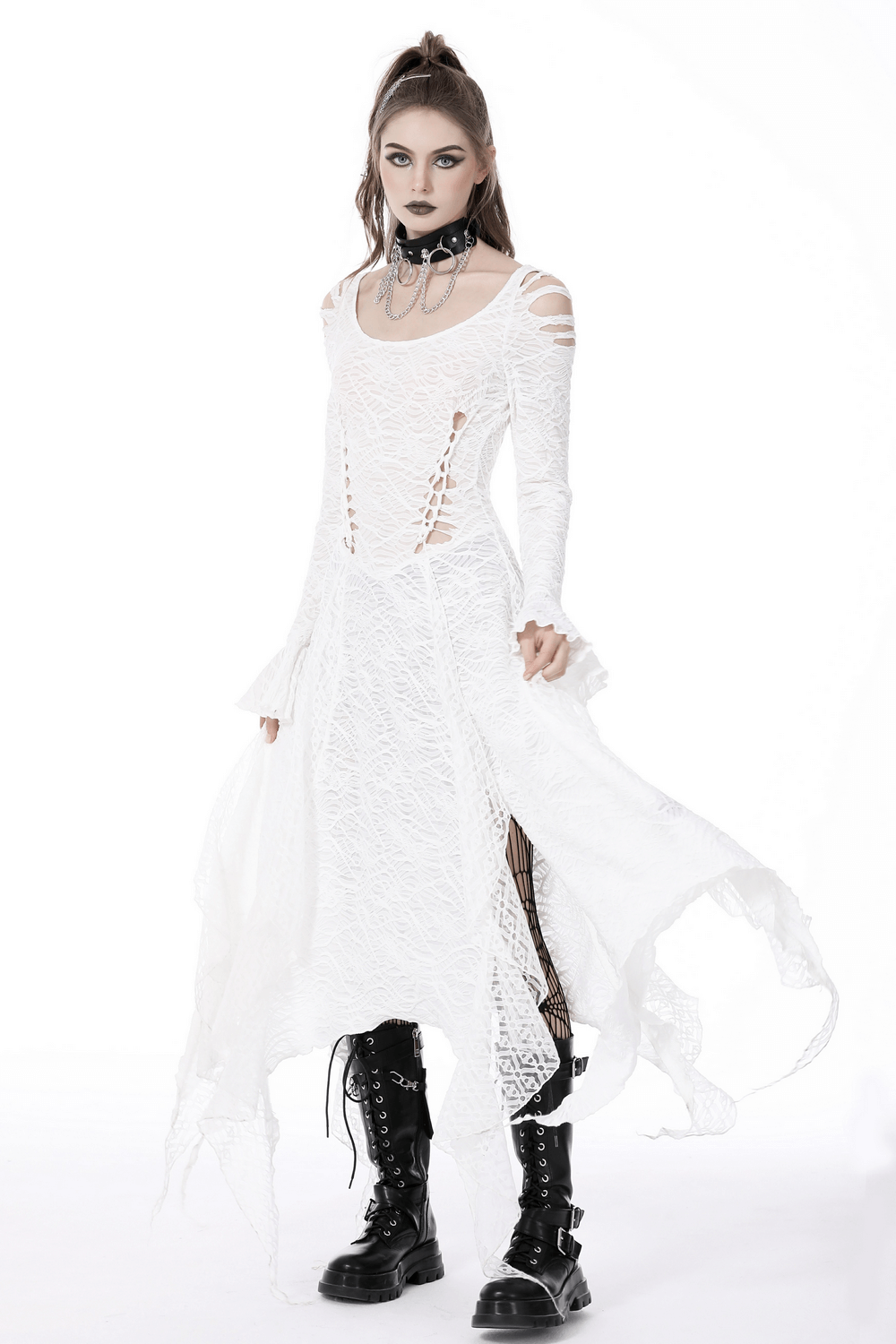 White Gothic maxi dress with trumpet sleeves and cutouts, perfect for a unique goth style.