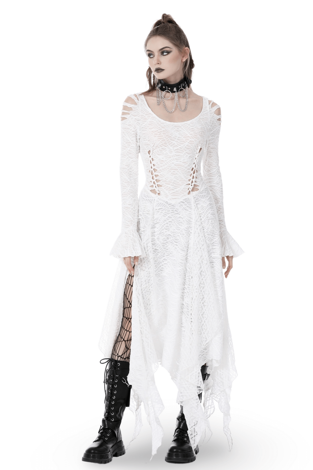 Elegant white gothic maxi dress with cutouts and trumpet sleeves, showcasing a unique, ethereal style for gothic fashion lovers.