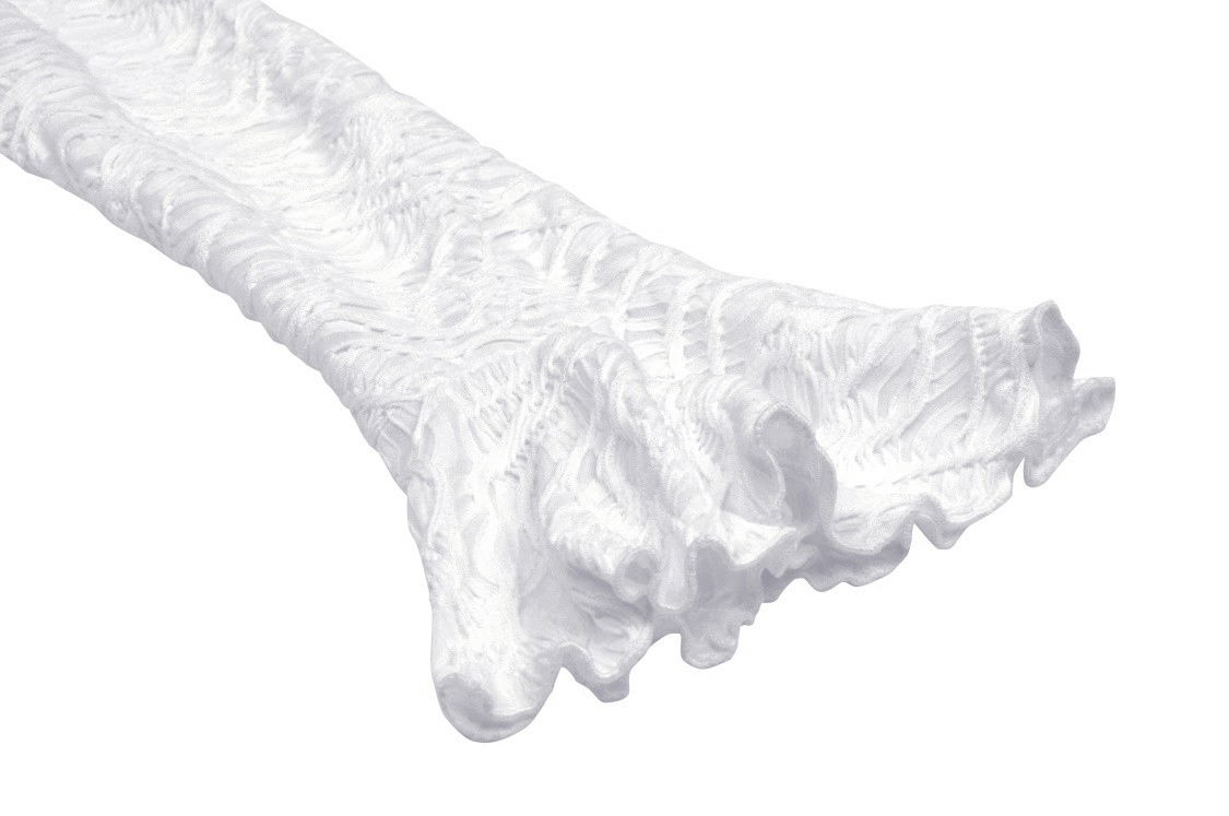 Dramatic trumpet sleeve detail of a white Gothic maxi dress, showcasing unique texture and elegant ruffles.