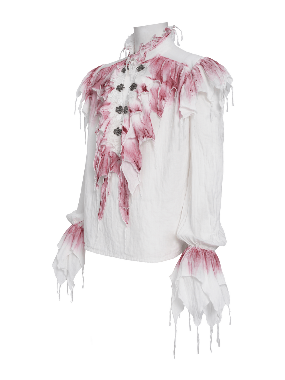 Chemise blanche gothique à volants avec froufrous cramoisis usés