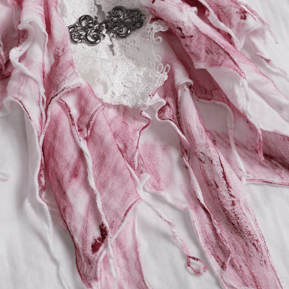 Chemise blanche gothique à volants avec froufrous cramoisis usés
