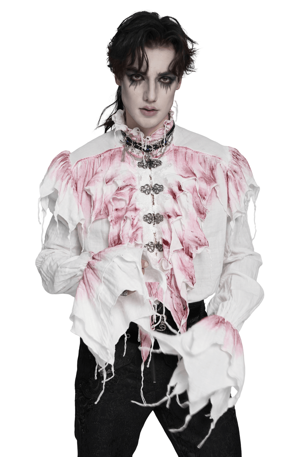 Chemise blanche gothique à volants avec froufrous cramoisis usés