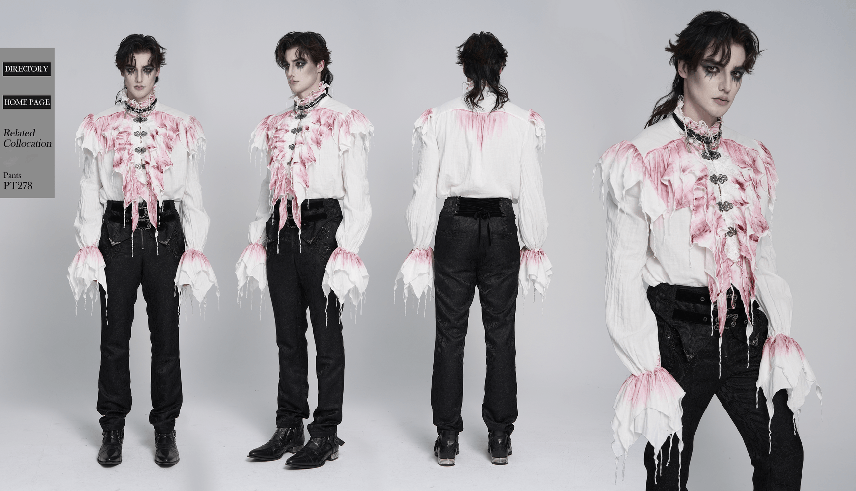Chemise blanche gothique à volants avec froufrous cramoisis usés