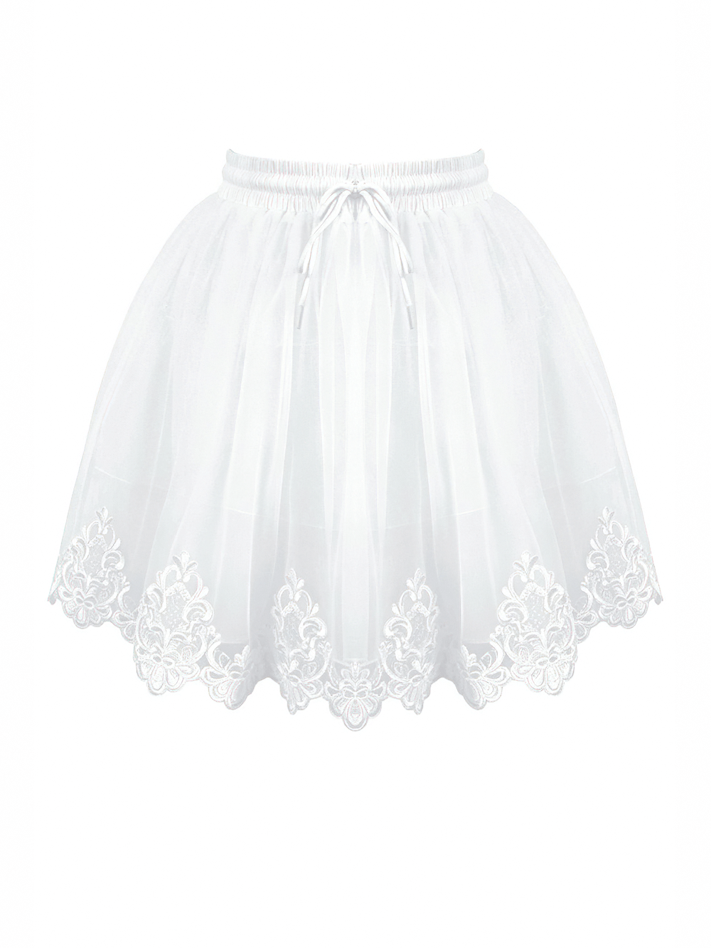 White Gothic Tulle Skirt with Embroidered Lace Hem featuring layered mesh and ornate floral lace trim.