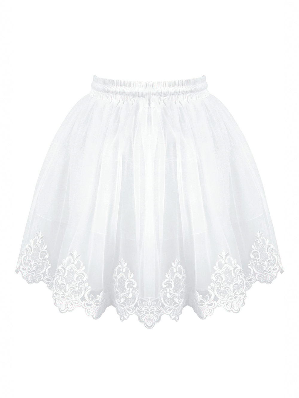 White Gothic Tulle Skirt with Embroidered Lace Hem, airy layered mesh skirt with floral lace trim.