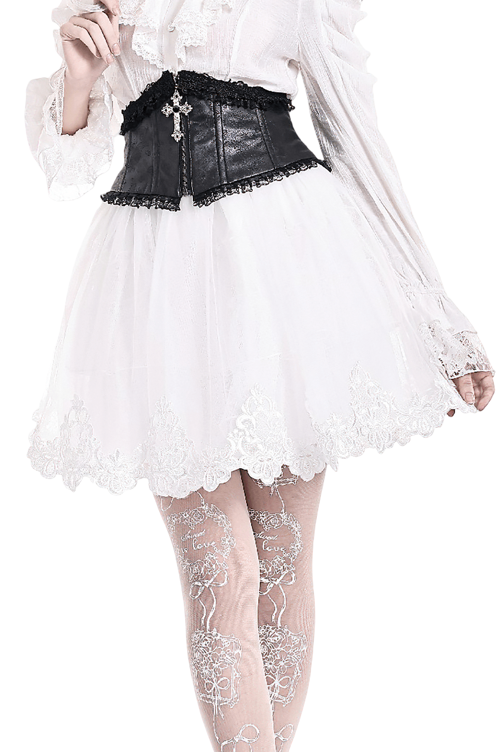 White Gothic Tulle Skirt with Embroidered Lace Hem, paired with a black corset top, showcasing a romantic style.
