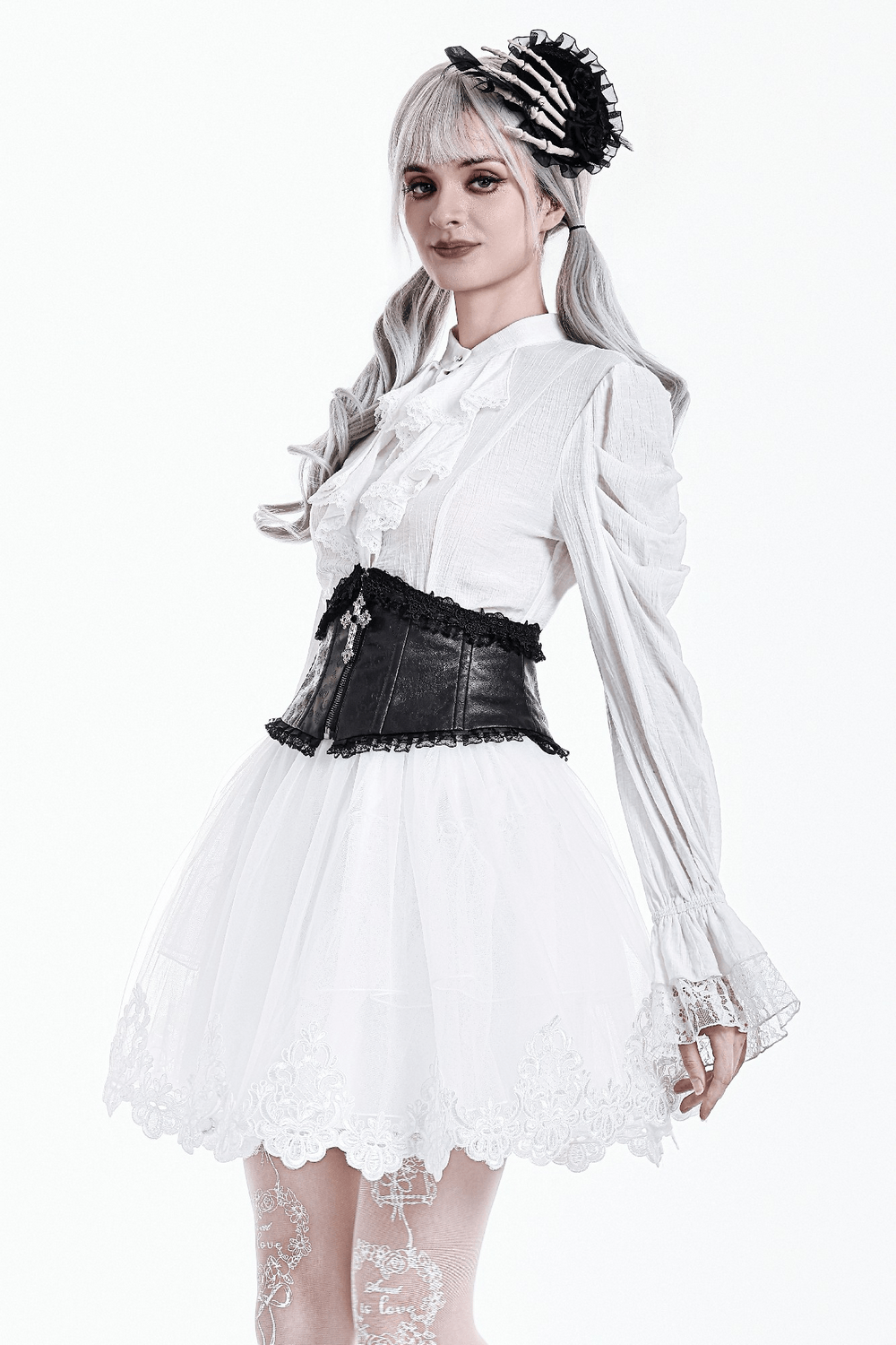 White Gothic Tulle Skirt with Embroidered Lace Hem worn with a black corset and a white blouse, featuring lace details and a whimsical look.