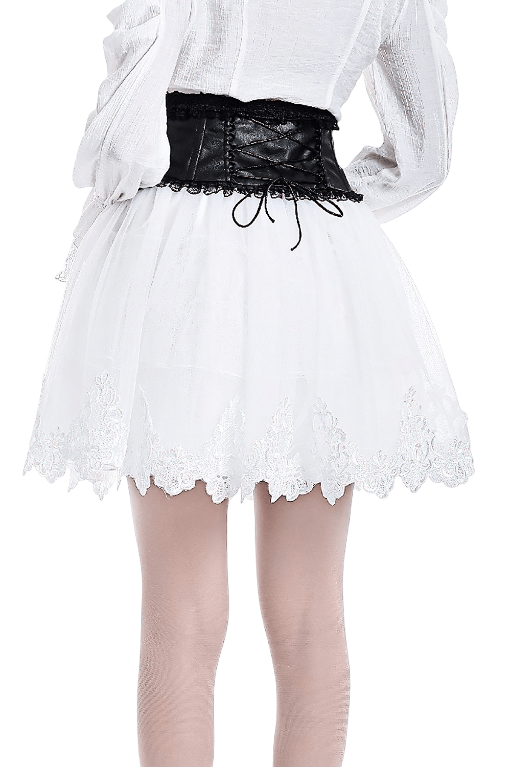 Back view of a model wearing a White Gothic Tulle Skirt with Embroidered Lace Hem, showcasing the lace details.