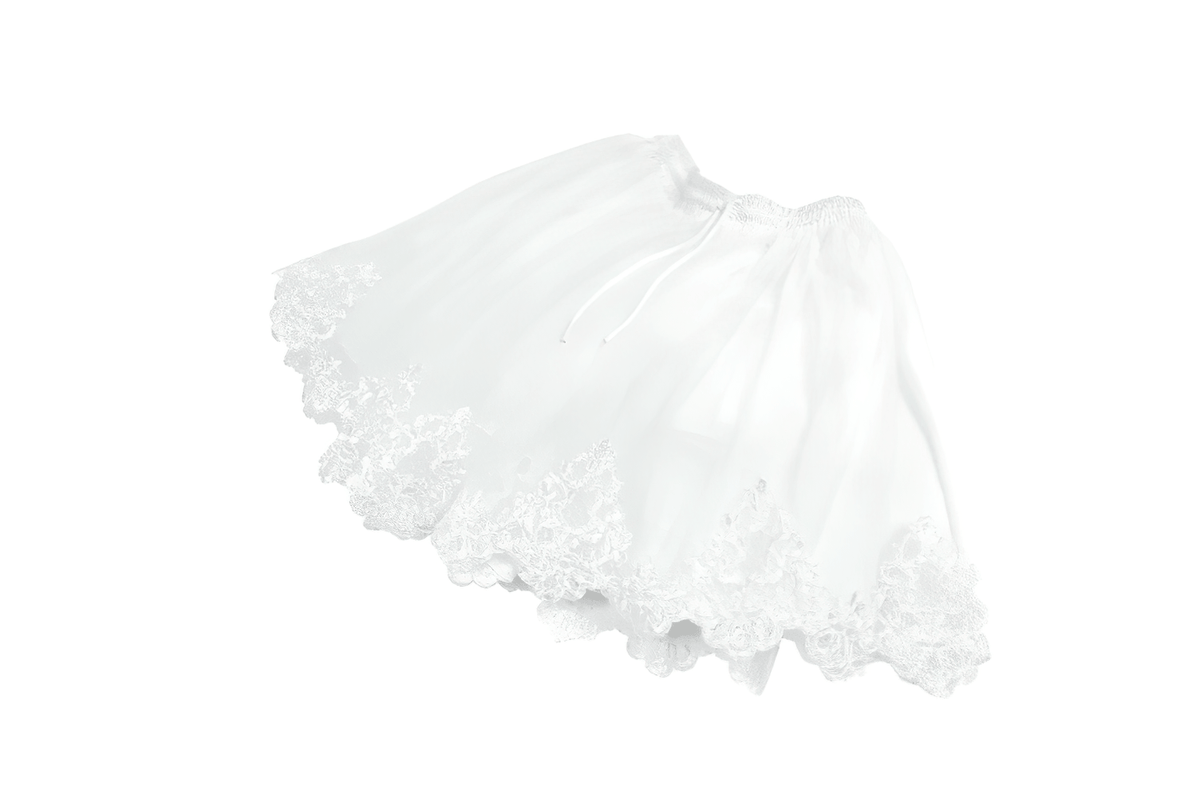 White Gothic Tulle Skirt with Embroidered Lace Hem featuring an airy layered mesh and ornate floral lace trim.