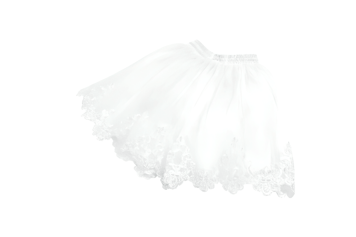 White Gothic Tulle Skirt with Embroidered Lace Hem featuring floral lace trim and layered mesh design.