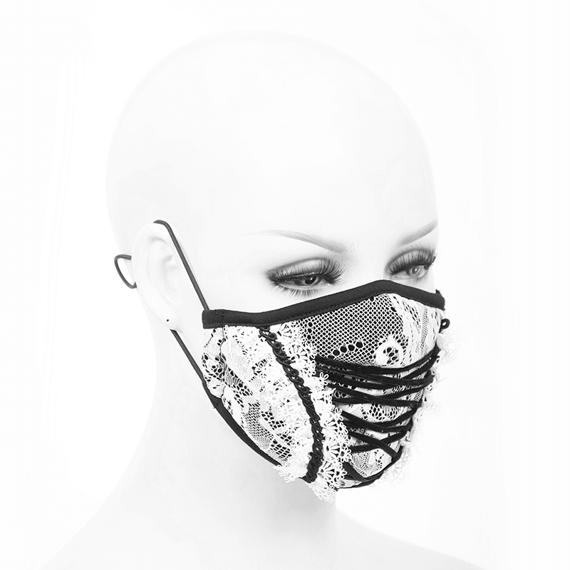 White Lace Fashion Mask With Black Lace-up and Borders / Gothic Elegant Masks for Women - HARD'N'HEAVY