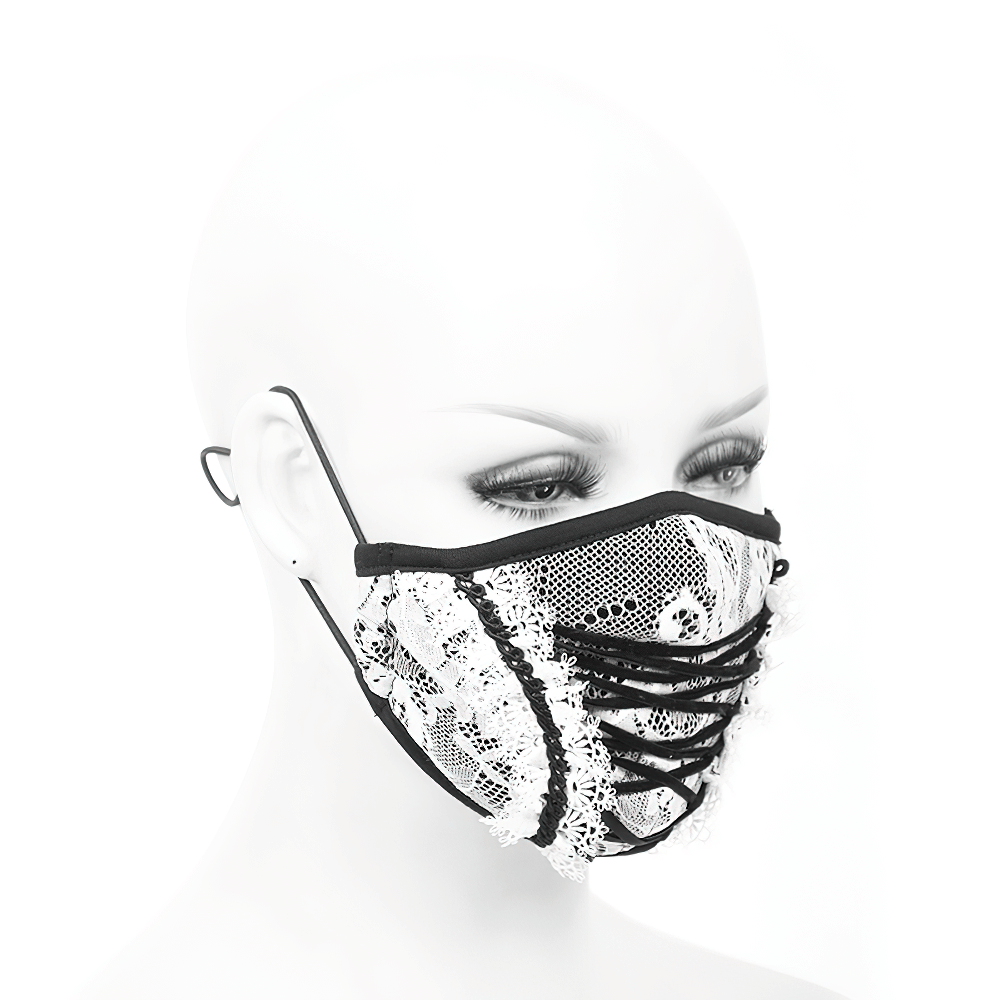 Elegant white lace fashion mask with black lace-up design, perfect gothic accessory for women.
