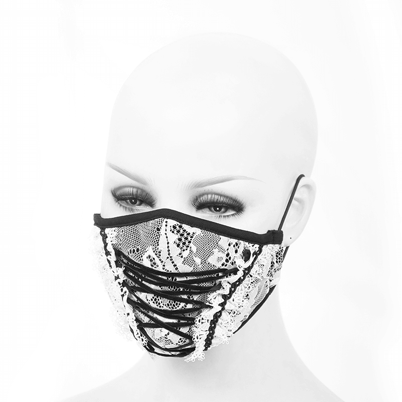 Elegant white lace mask with black lace-up details, perfect gothic accessory for women.