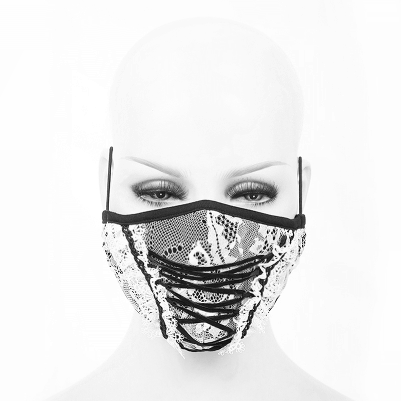 White Lace Fashion Mask With Black Lace-up and Borders / Gothic Elegant Masks for Women - HARD'N'HEAVY