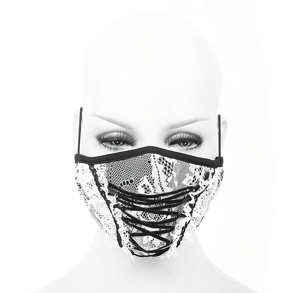 Elegant white lace fashion mask with black lace-up details for gothic style outfits.