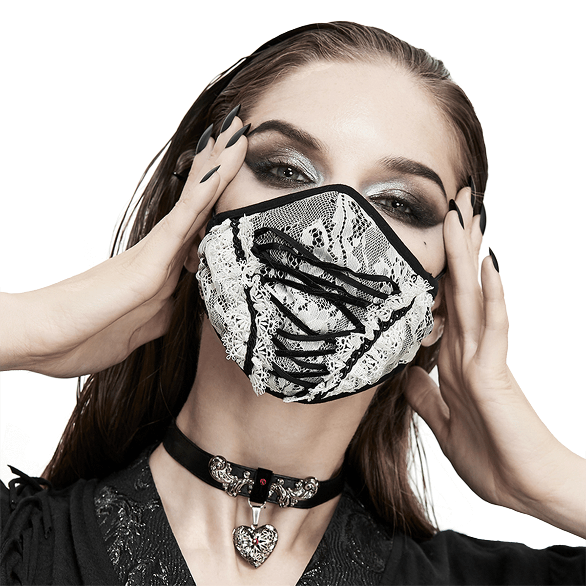 Elegant white lace mask with black lace-up, perfect gothic accessory for stylish women.