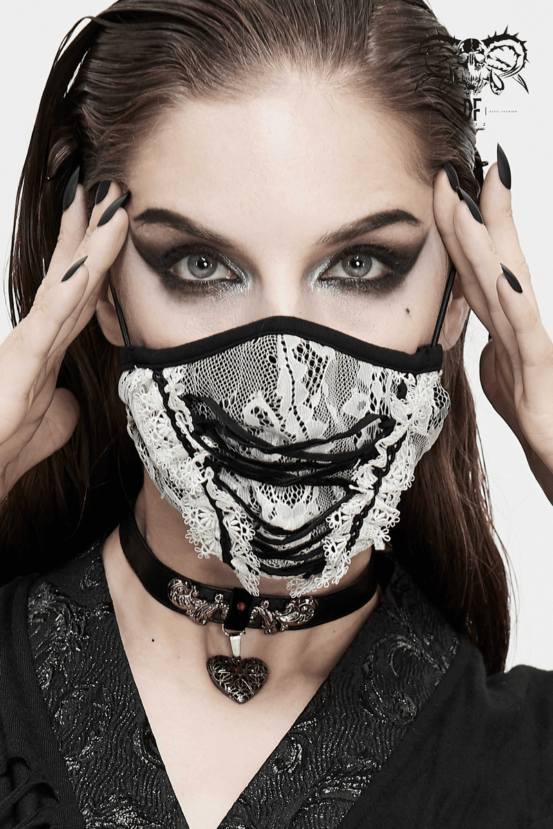 White Lace Fashion Mask With Black Lace-up and Borders / Gothic Elegant Masks for Women - HARD'N'HEAVY