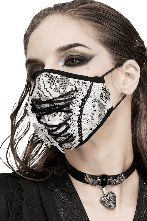 White Lace Fashion Mask With Black Lace-up and Borders / Gothic Elegant Masks for Women