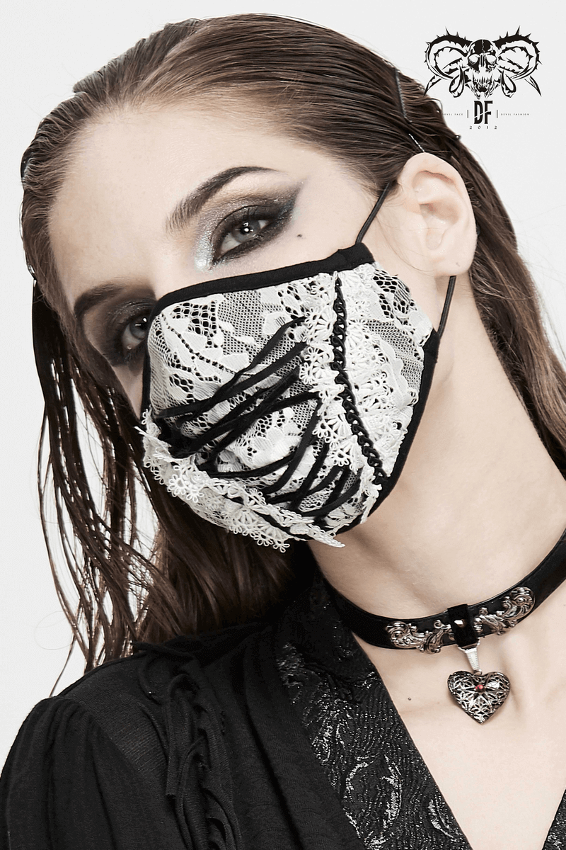 Elegant white lace fashion mask with black lace-up design, perfect gothic accessory for women.