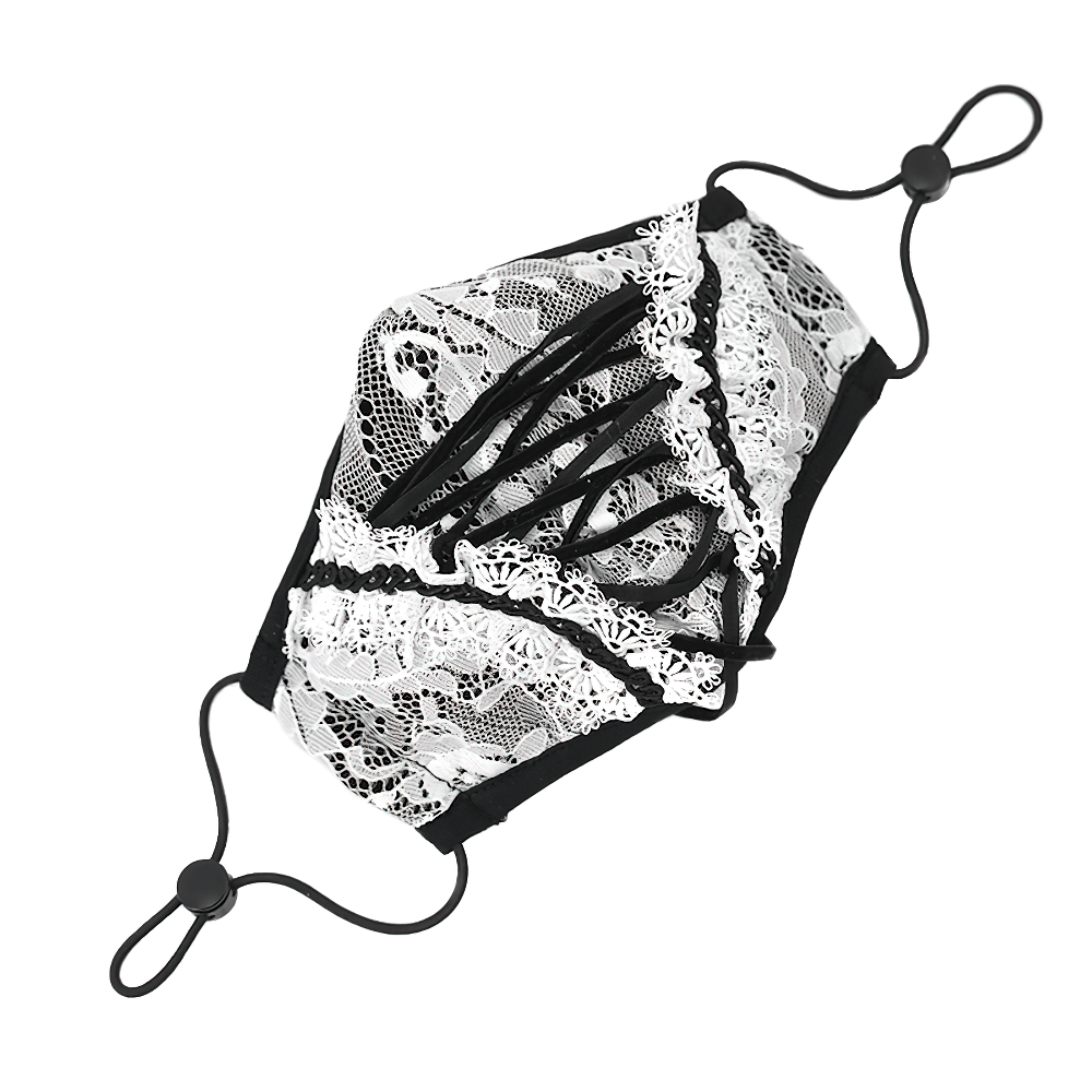 Elegant white lace fashion mask with black lace-up details, perfect for gothic styles and women's accessories.