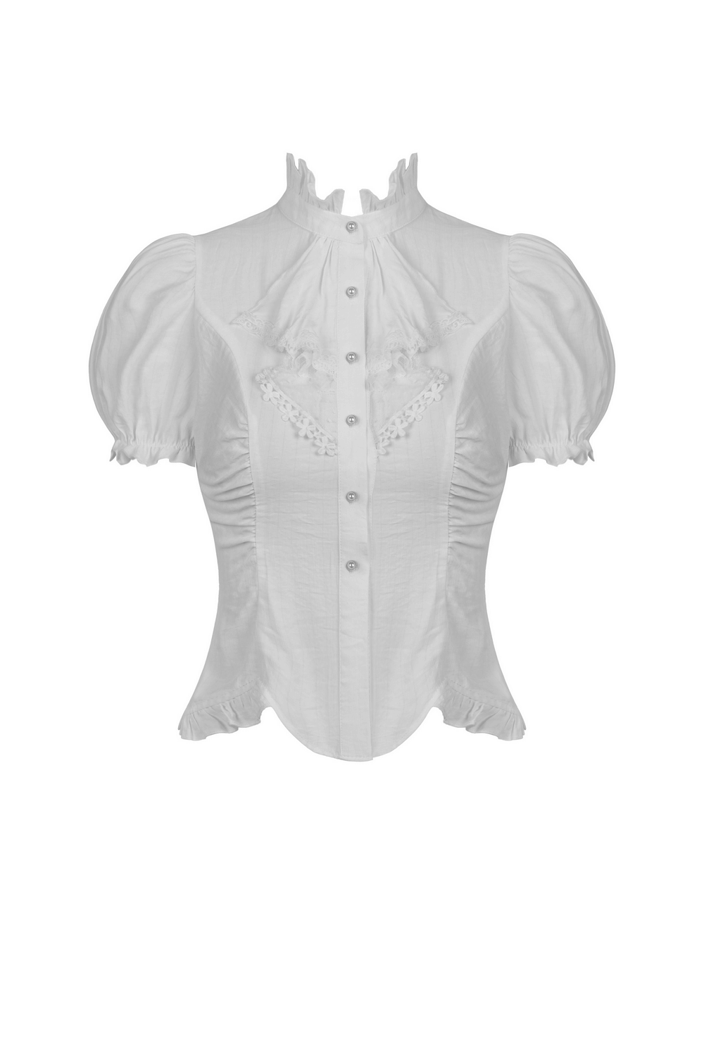 Victorian-inspired white blouse with puff sleeves and lace ruffle neckline, perfect for elegant outfits.