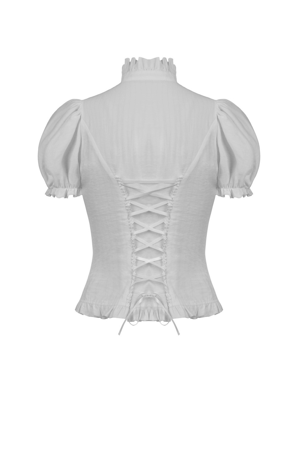 White Lace Ruffle Neckline Blouse with Puff Sleeves